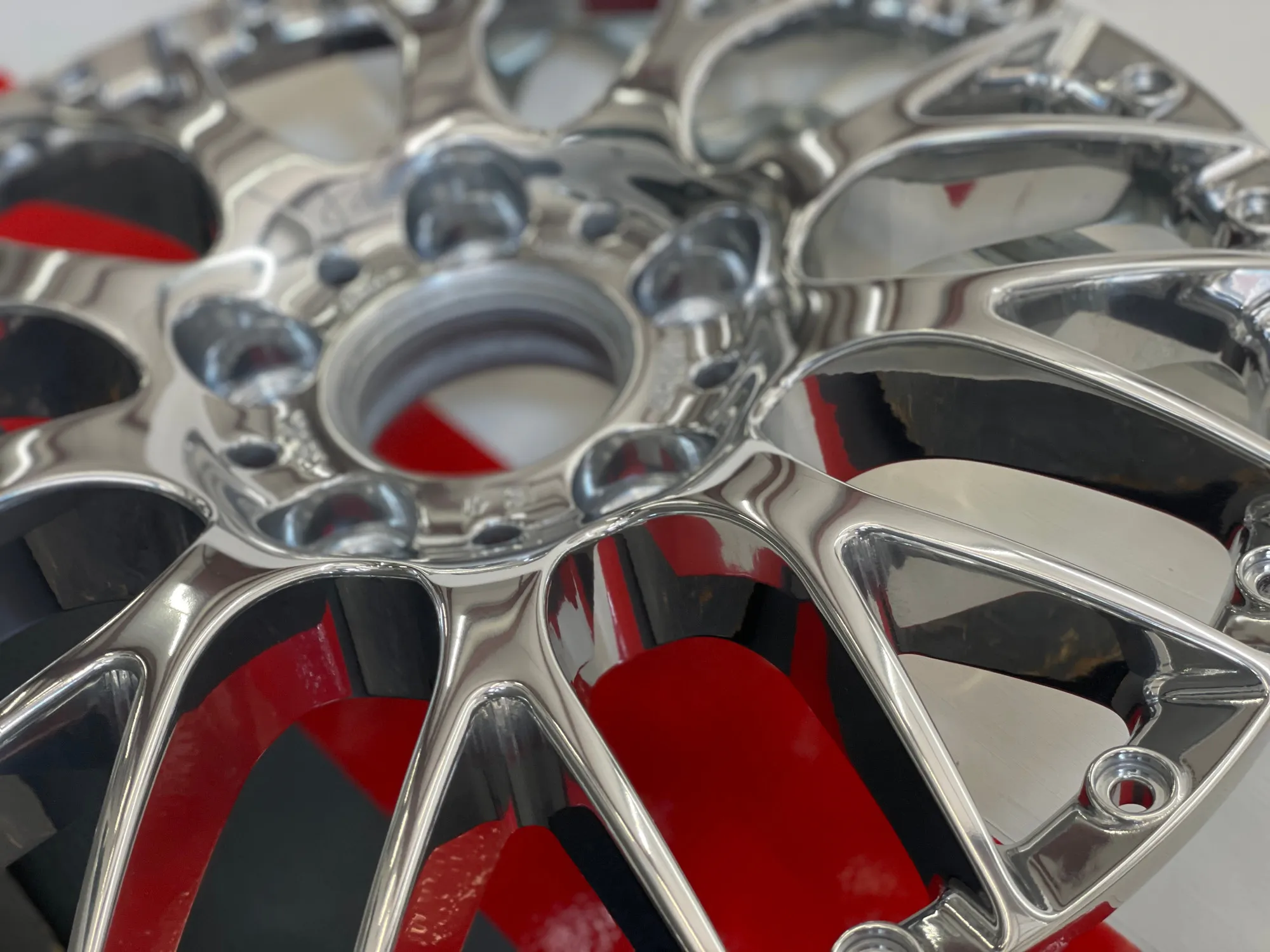 Close-up of a polished multi-spoke wheel face